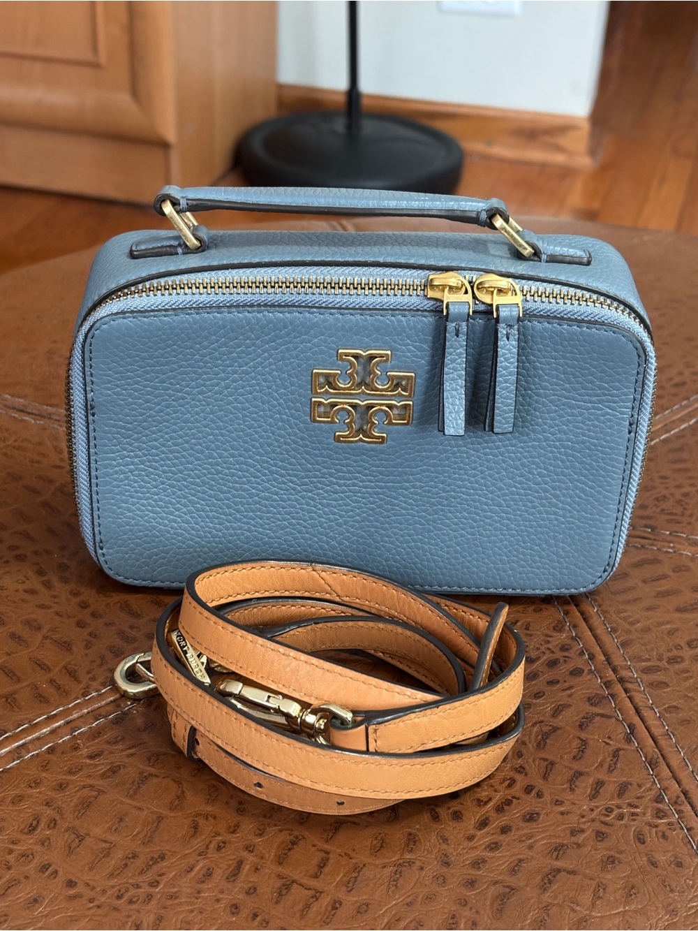 Tory Burch Britten Small Top Handle Case Slate Gray Crossbody Handbag